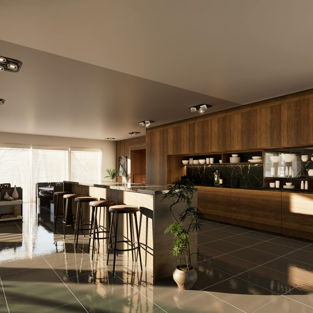 Modern minimalist kitchen with wooden cabinets and sleek decor.